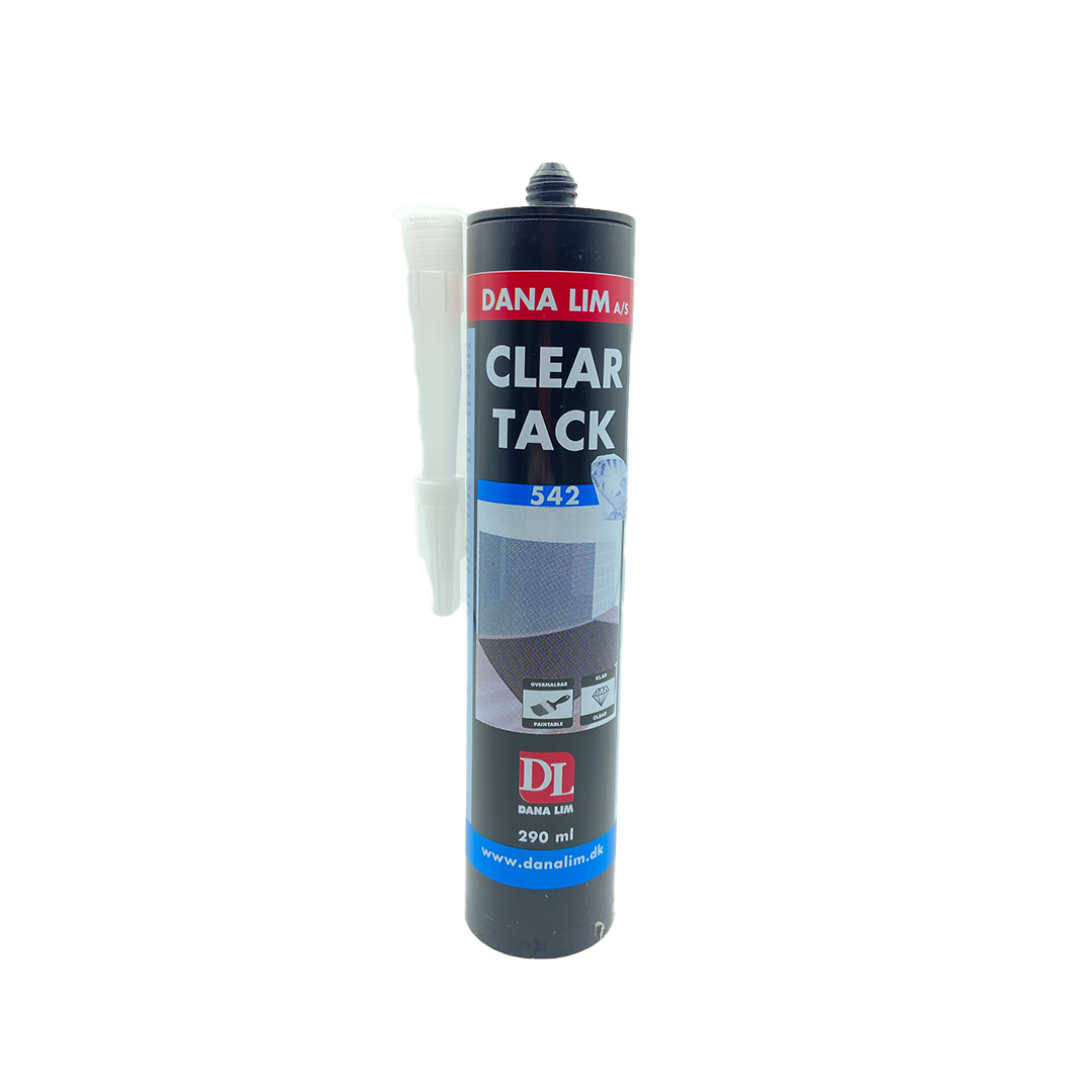 Montasjelim Clear Tack 542  290ml fra Danalim. Clear Tack 542 er en gjennomsiktig, sterkt og elastisk universallim,beregnet til  Ine og ute bruk.